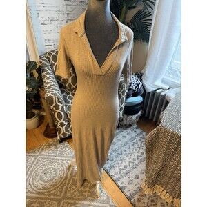 Rare Reformation Rib Knit Maxi Dress V Neck Collar - Tan Size S